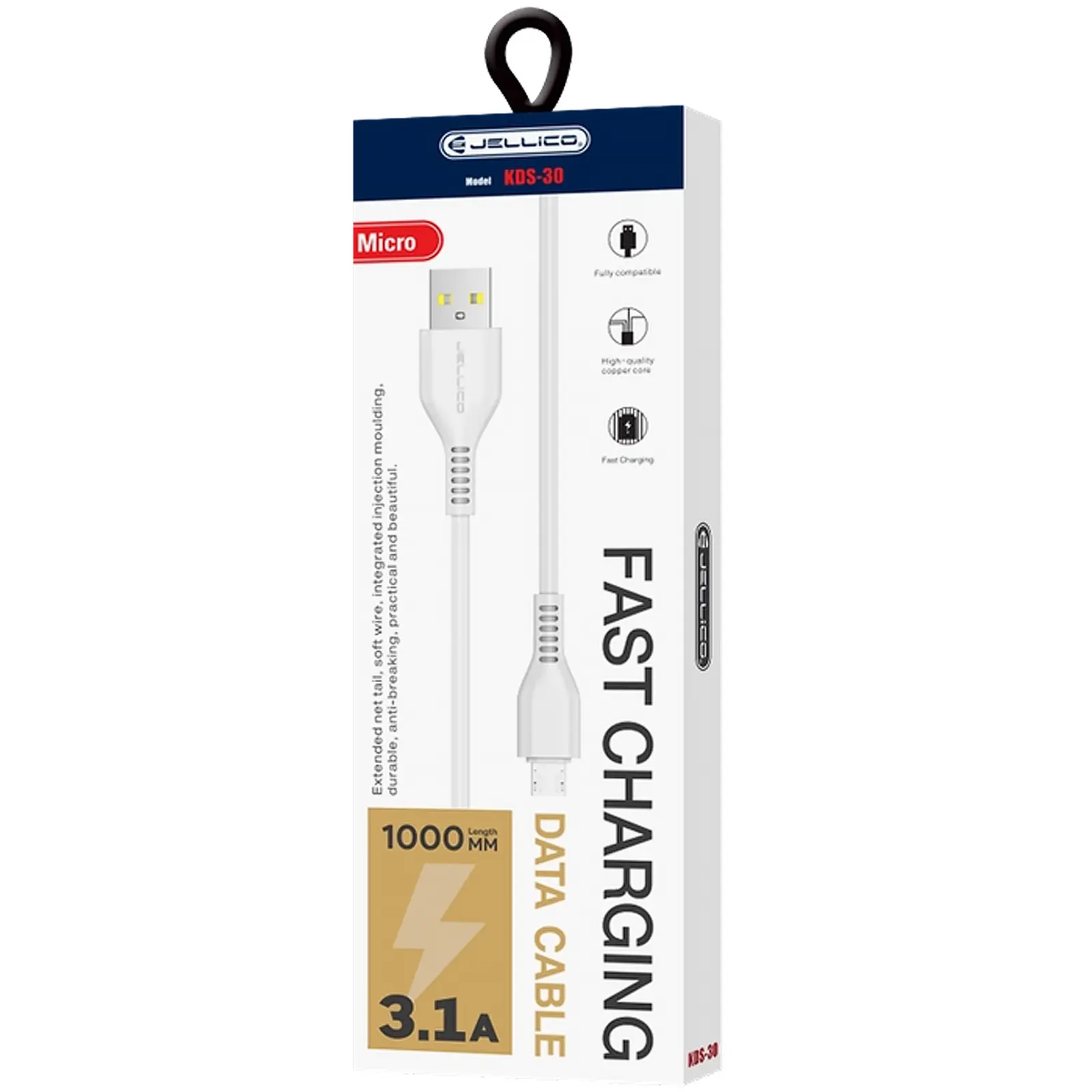 Kabel Jellico KDS-30 USB to MicroUSB 3.1A (1m), White 1