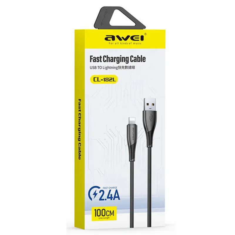 Data kabel Awei CL-182 USB to Lightning 2.4A (1m), Black 1