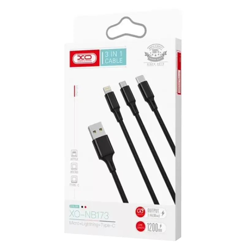 Data kabel XO NB173 3in1 USB-A to C/M/L 2.4A (1m), Black 1