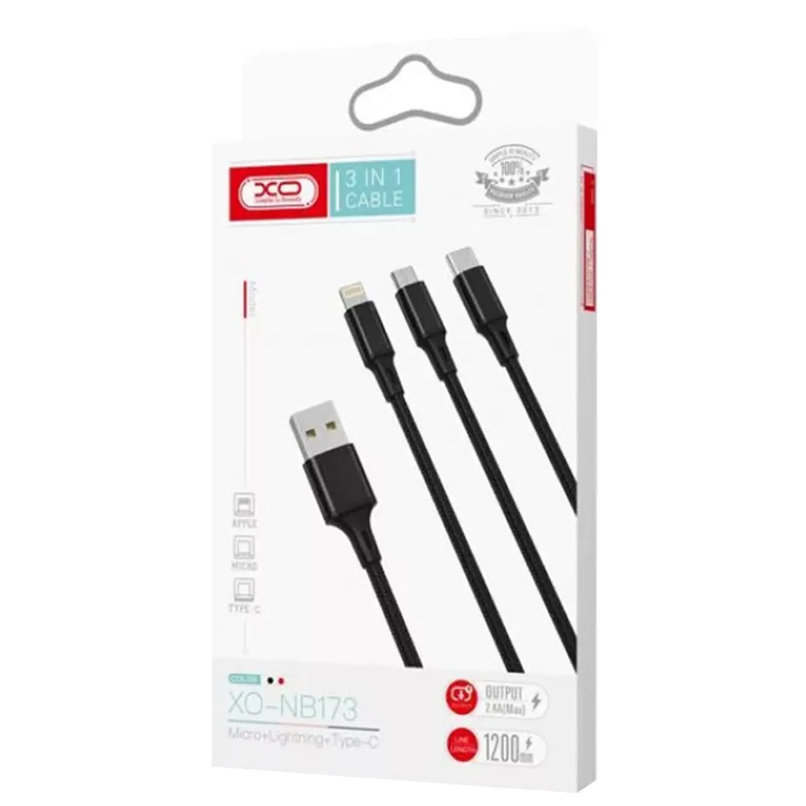 Data kabel XO NB173 3in1 USB-A to C/M/L 2.4A (1m), Black 1
