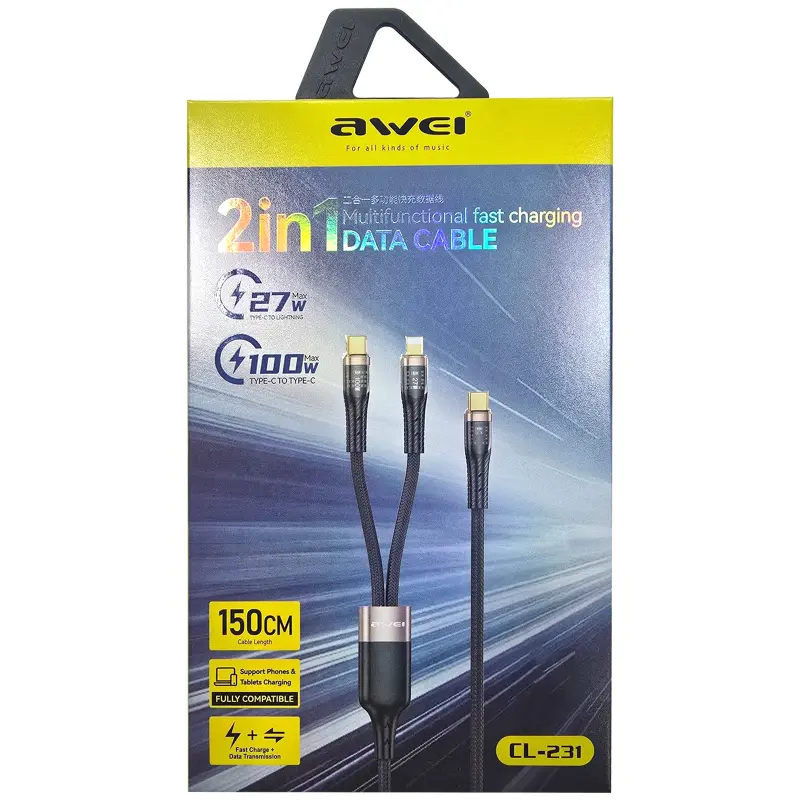 Дата кабель Awei CL-231 2 in 1 USB-C to C/L 100W (1m), Black 1