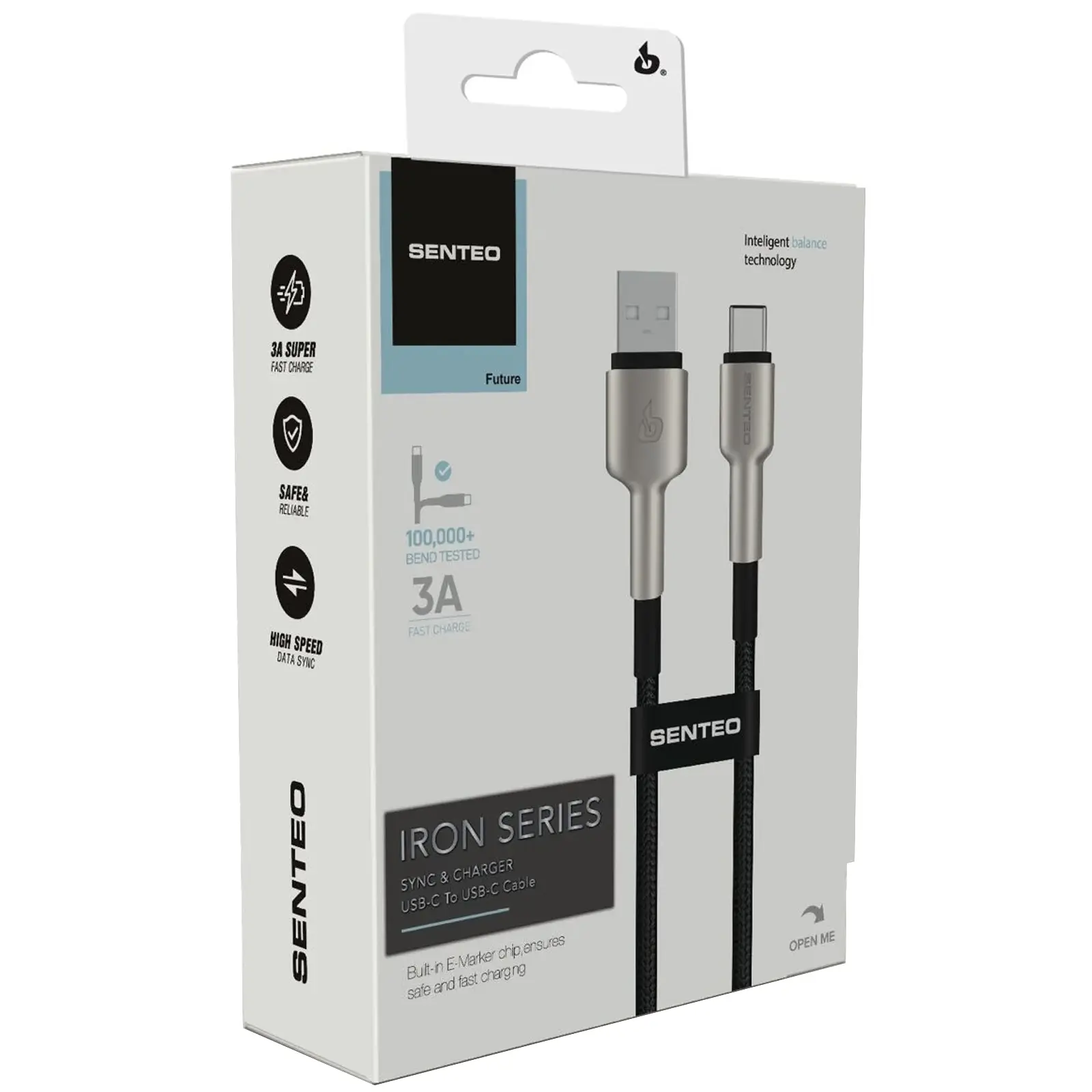 Data kabel Senteo SM-03 Iron Series braided USB-A to USB-C 3A (1m), Black 1