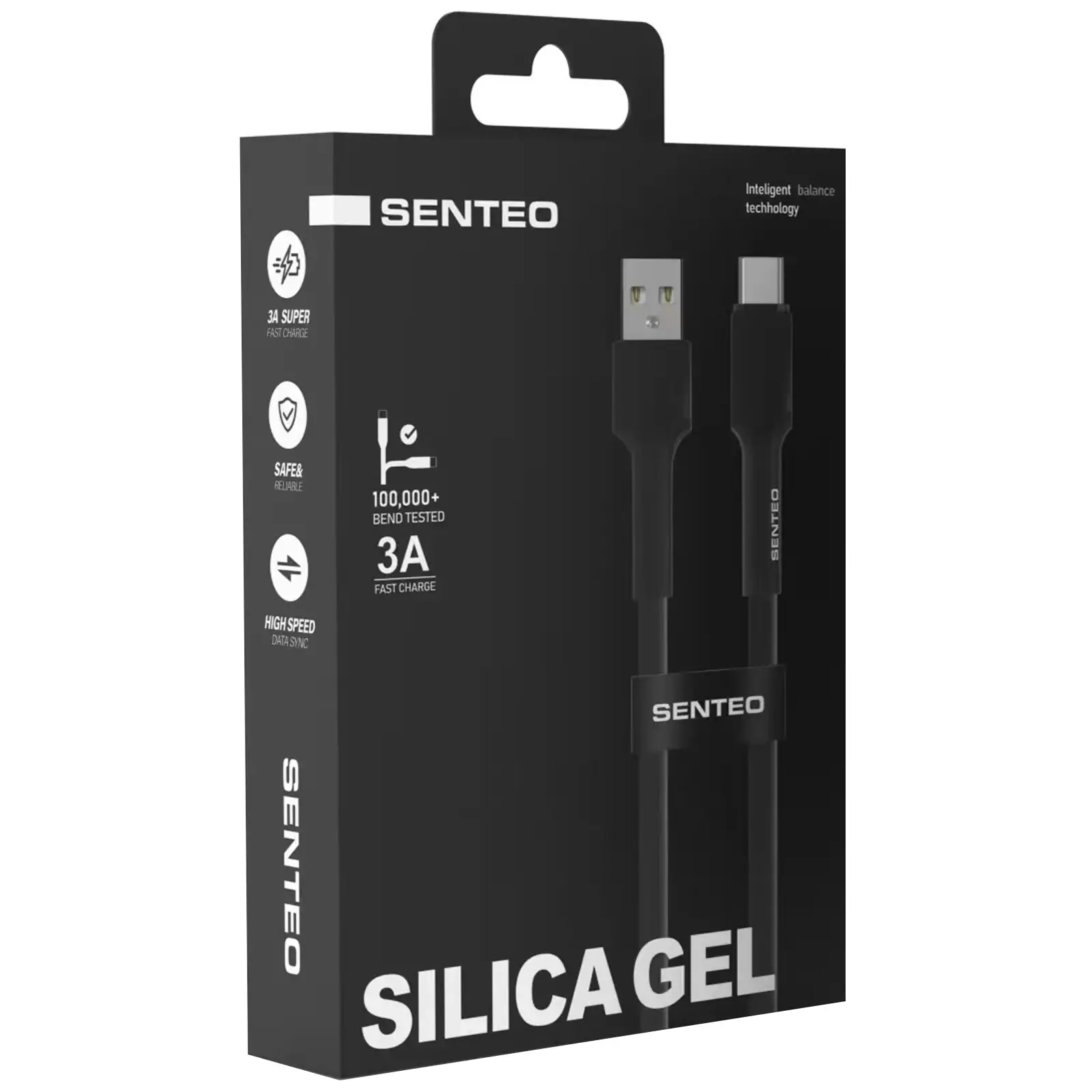 Data kabel Senteo SL-03 soft silicone USB-A to USB-C 3A (1m), Black 1