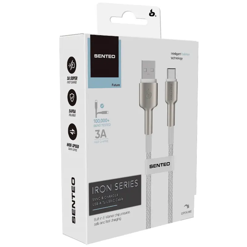 Data kabel Senteo SM-03 Iron Series braided USB-A to USB-C 3A (1m), White 1