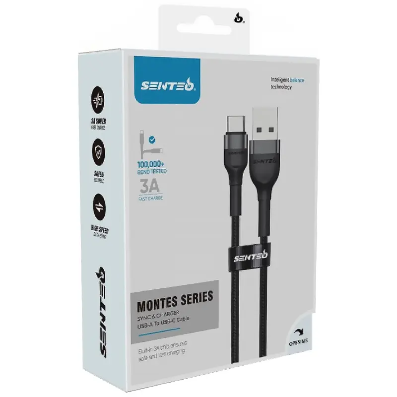 Cable Senteo ST-01 Montes Series braided USB-A to USB-C 3A (1.2m), Black 1