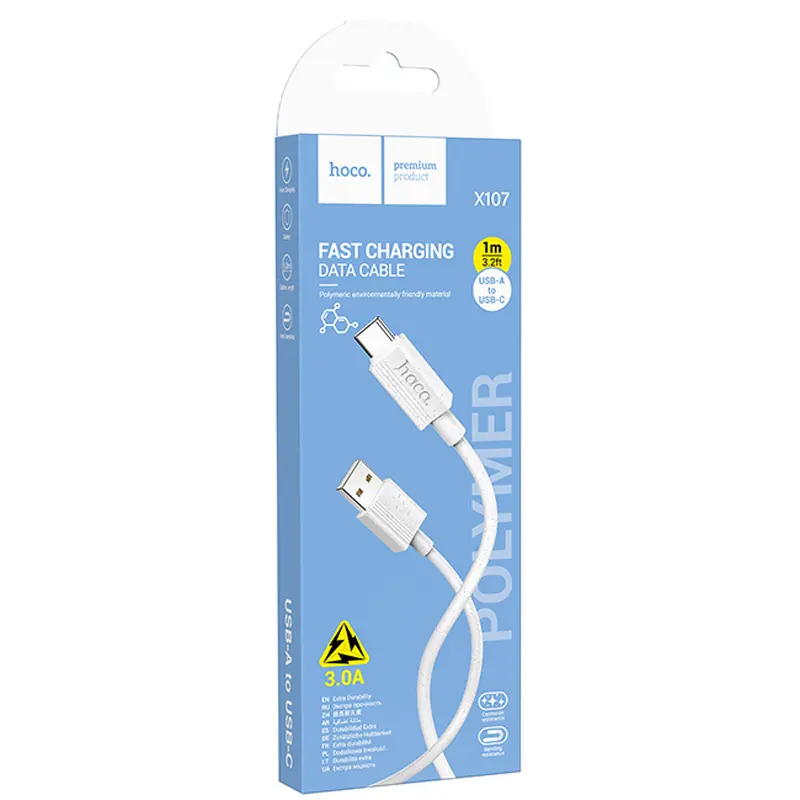Data kabel Hoco X107 USB to Type-C 3A (1m), White 3