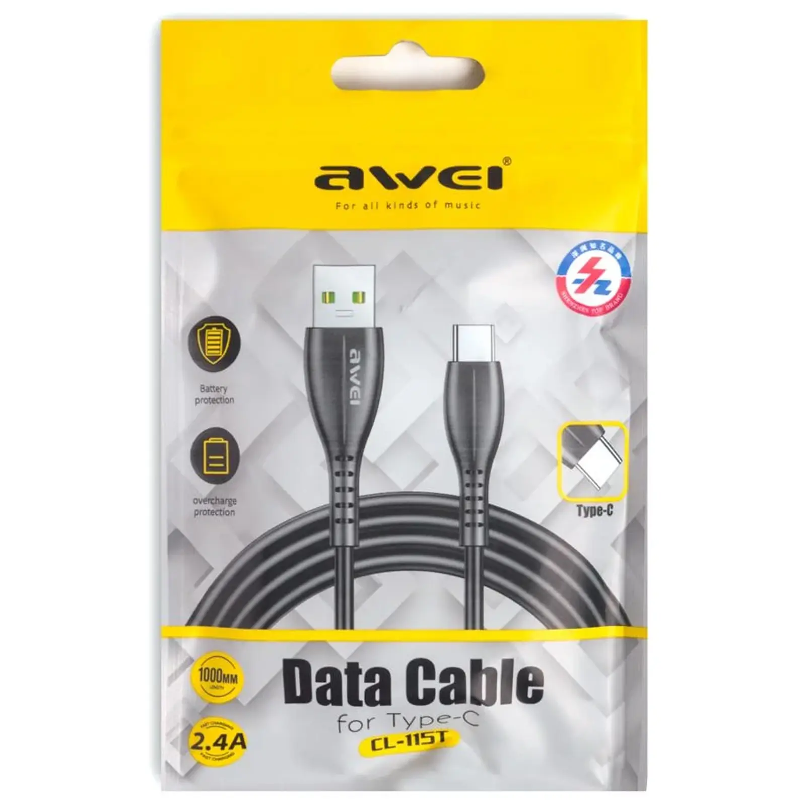 Data kabel Awei CL-115 USB to Type-C 2.4A (1m), Black 3