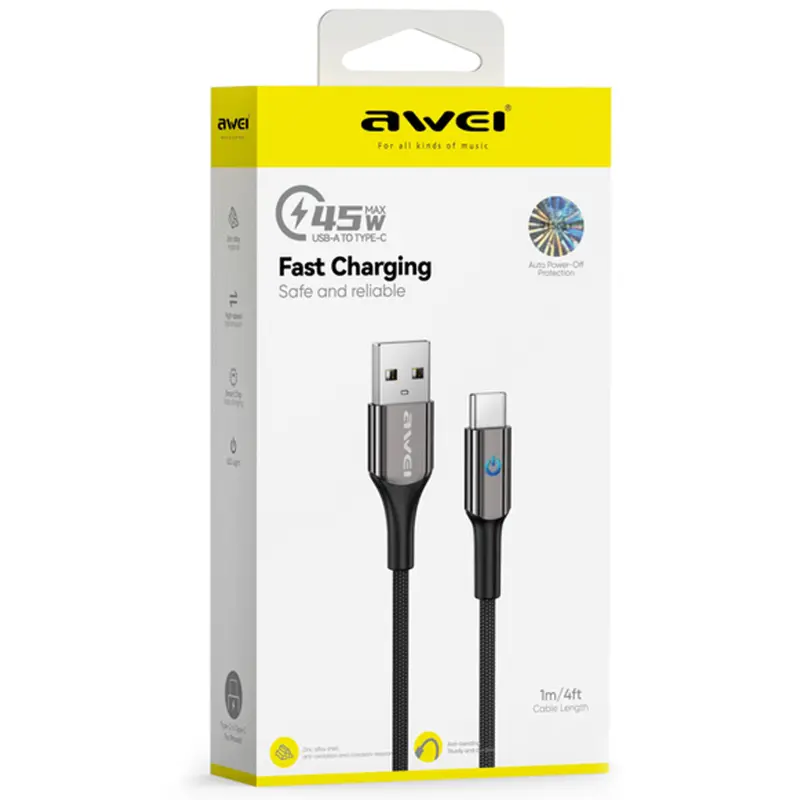 Дата кабель Awei CL-9 Power-Off USB to Type-C 45W (1m), Black 1