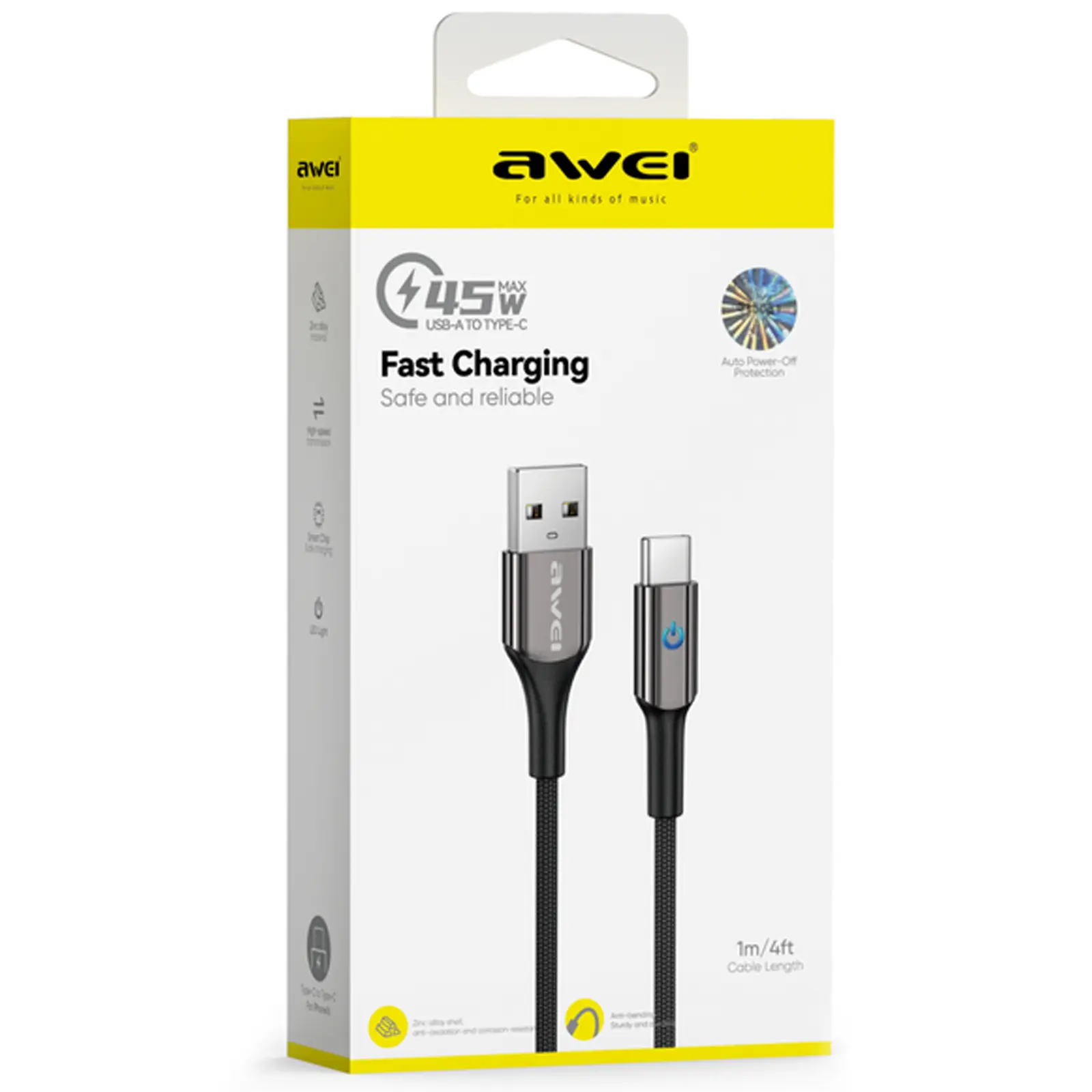 Дата кабель Awei CL-9 Power-Off USB to Type-C 45W (1m), Black 1