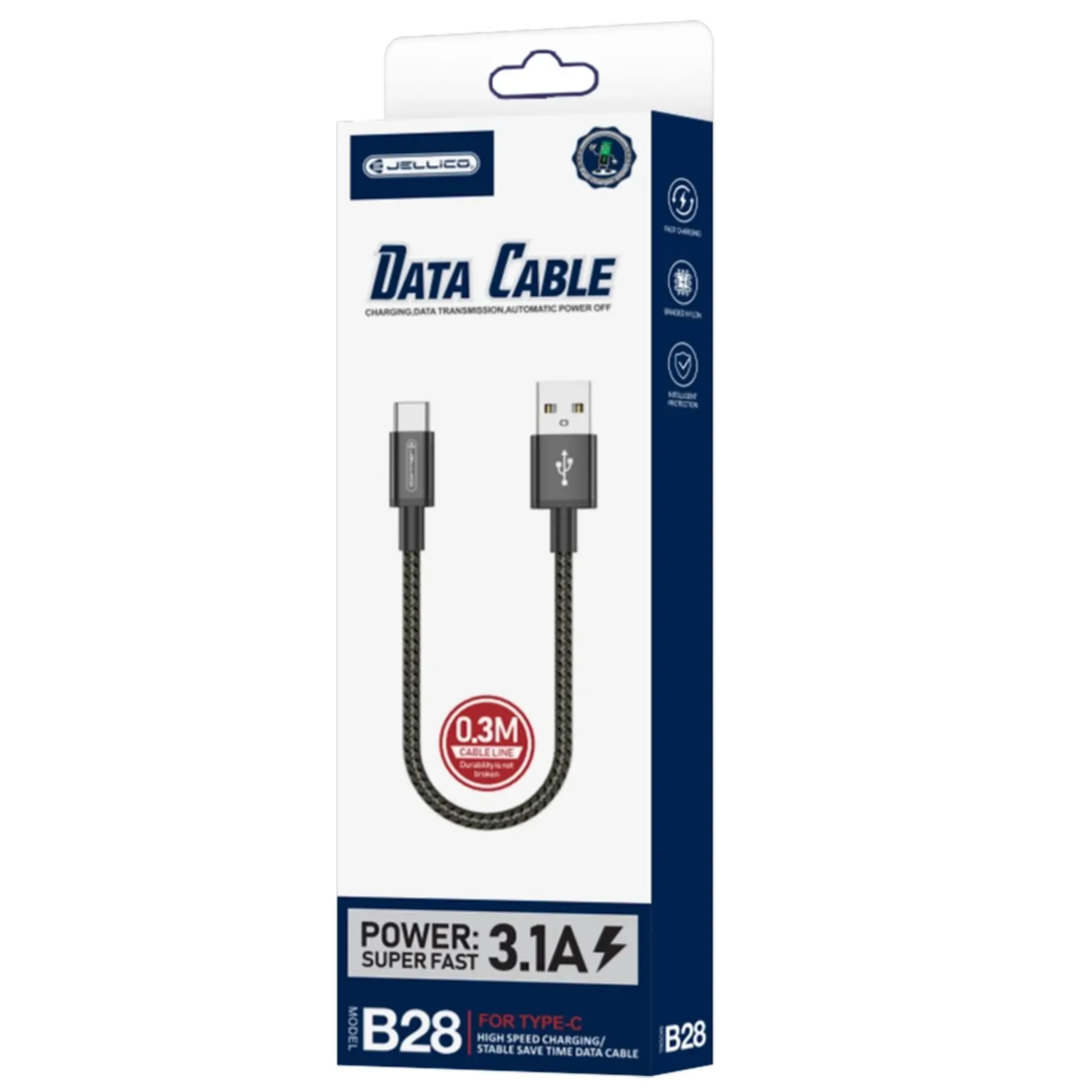 Kabel Jellico B28 USB to Type-C 3.1A (0.3m), Black 1