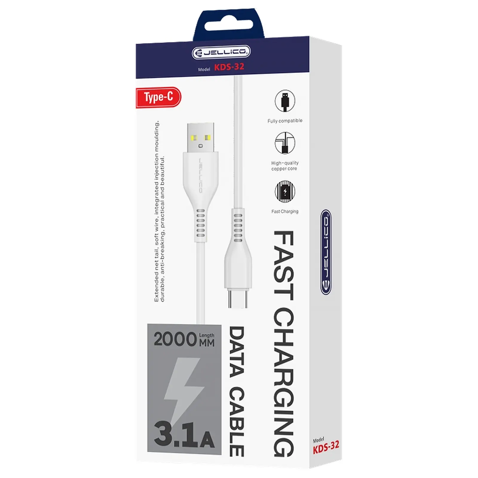 Дата кабель Jellico KDS-32 USB to Type-C 3.1A (2m), White 1