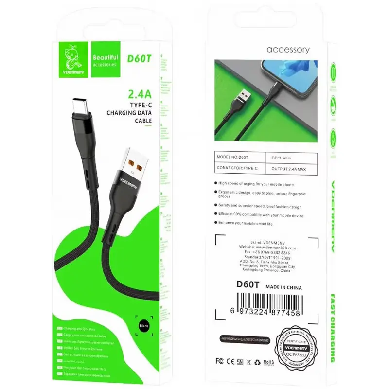 Kabel Denmen D60T USB to Type-C 60W (1m), Black 3