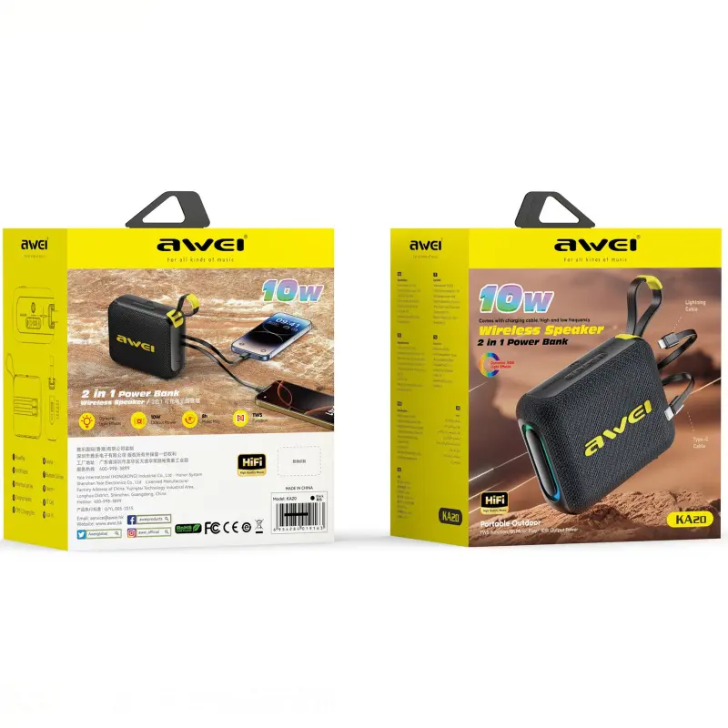 Bluetooth Głośnik Awei KA20 + Power Bank with cable 4500 mAh, Black 1