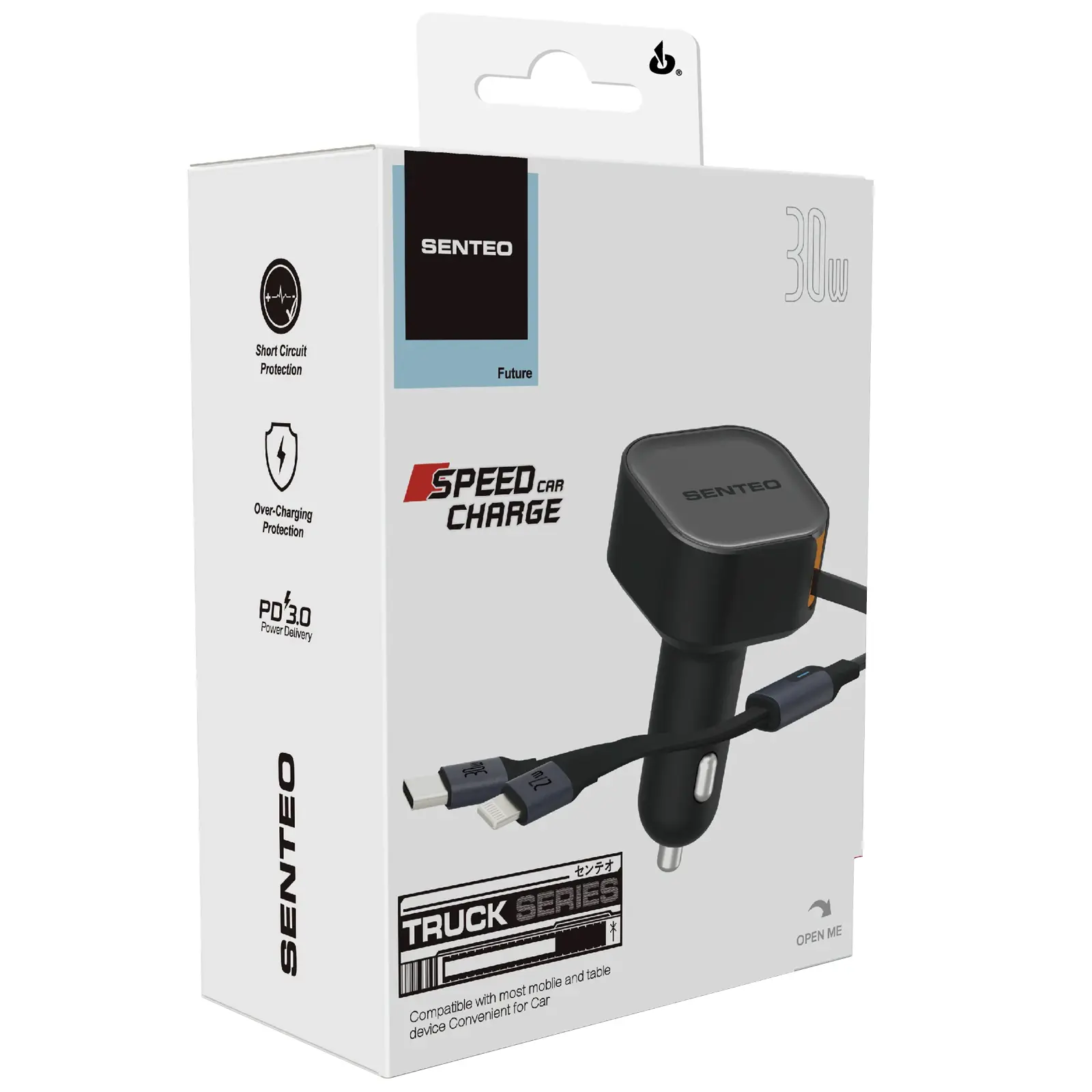 Car charger Senteo Q-10C Truck Series Retractable UCB-C+ Lighting car charger 30W, Black 1