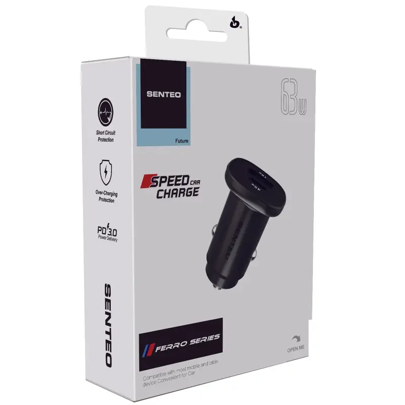Car charger Senteo Q-03 Ferro Series USB-A18W+C45W 63W (1USB-A/1C), Black 1