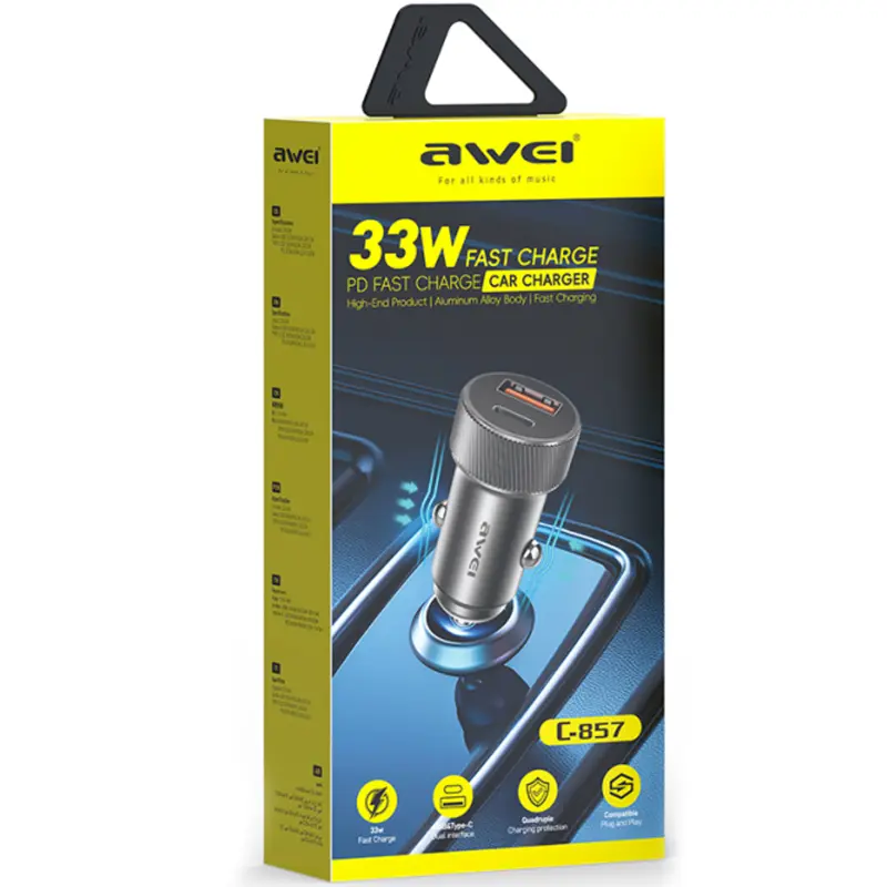 Car charger Awei C-857 33W (1USB-A/1C), Black 1