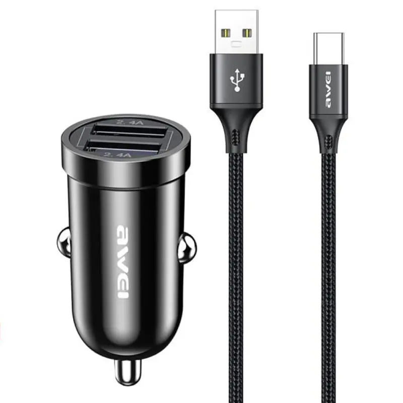 Car charger Awei C-826 2.2A (2USB-A) + cable USB to Type-C