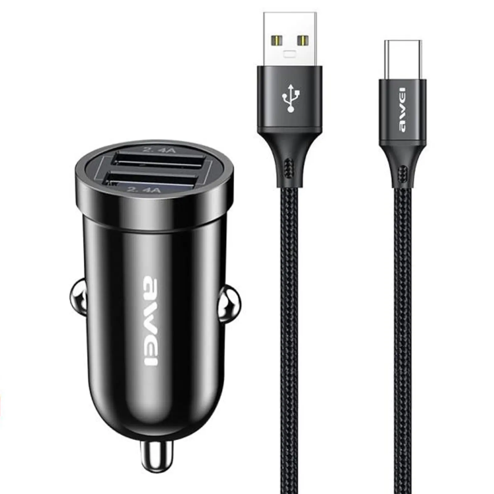Car charger Awei C-826 2.2A (2USB-A) + cable USB to Type-C, Black