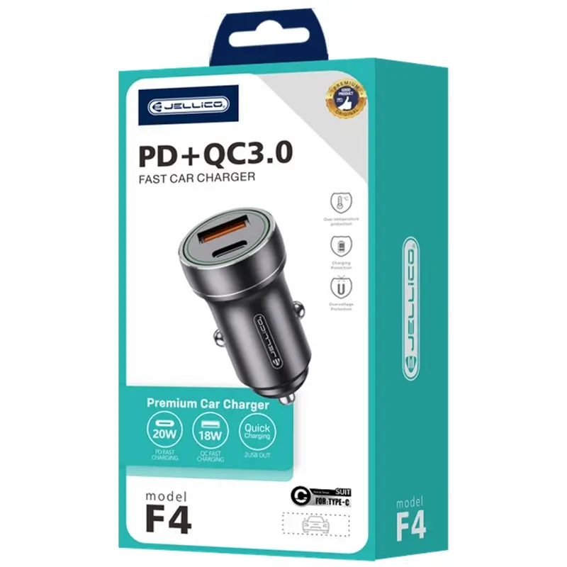 Ładowarka samochodowa Jellico F4 PD20W+QC3.0 (1USB-A/1C) + kabel USB to Type-C, Black 1