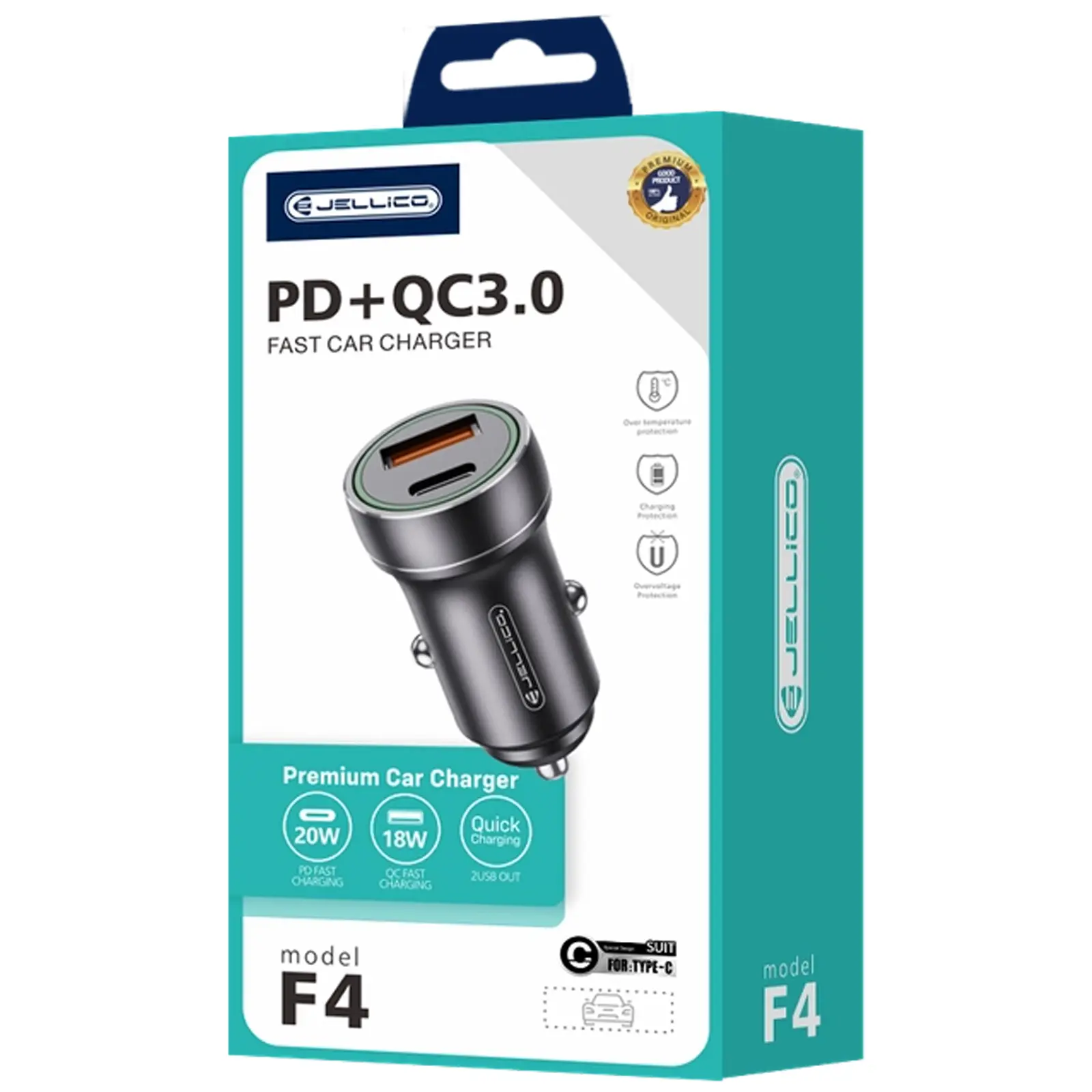 Ładowarka samochodowa Jellico F4 PD20W+QC3.0 (1USB-A/1C) + kabel USB to Type-C, Black 1