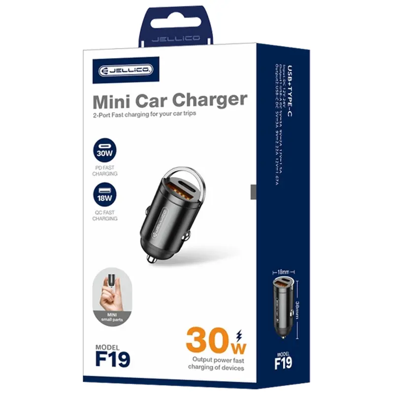 Ładowarka samochodowa Jellico F19 PD30W+QC3.0 (1USB-A/1C), Black 1
