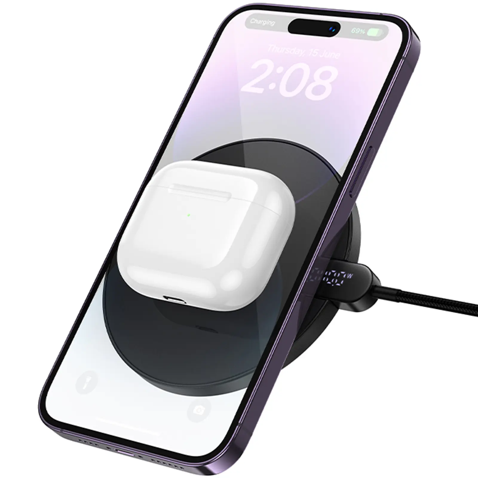 Wireless charger Hoco CW62 Peak with digital display and cable 15W, Black 1