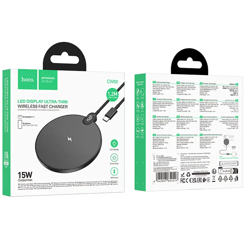 Wireless charger Hoco CW62 Peak with digital display and cable 15W, Black 5