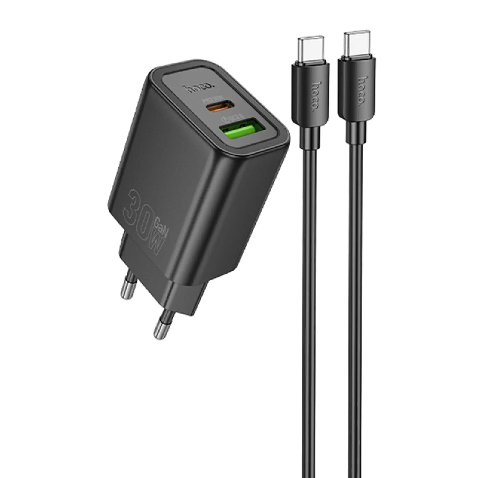 Сharger Hoco N63 Gentle PD30W+QC3.0 (1USB-A/1C) + cable Type-C to Type-C, Black
