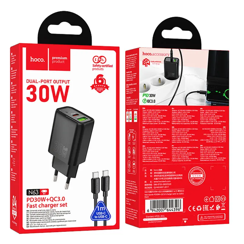 Сharger Hoco N63 Gentle PD30W+QC3.0 (1USB-A/1C) + cable Type-C to Type-C, Black 3