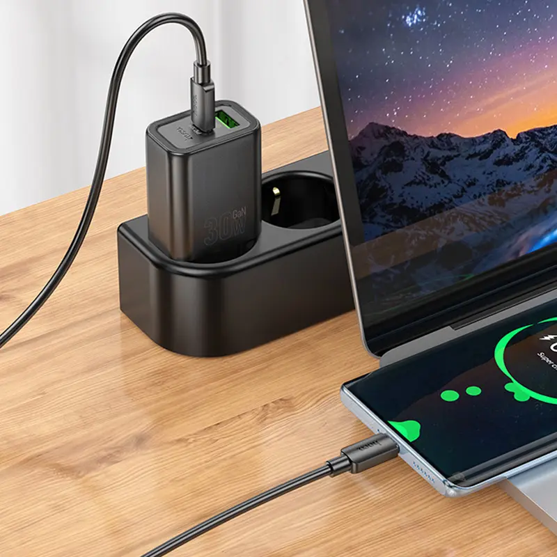 Сharger Hoco N63 Gentle PD30W+QC3.0 (1USB-A/1C) + cable Type-C to Type-C, Black 4