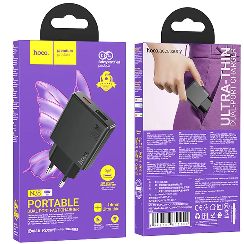 Сharger Hoco N38 Delgado PD20W+QC3.0 (1USB-A/1C), Black 3
