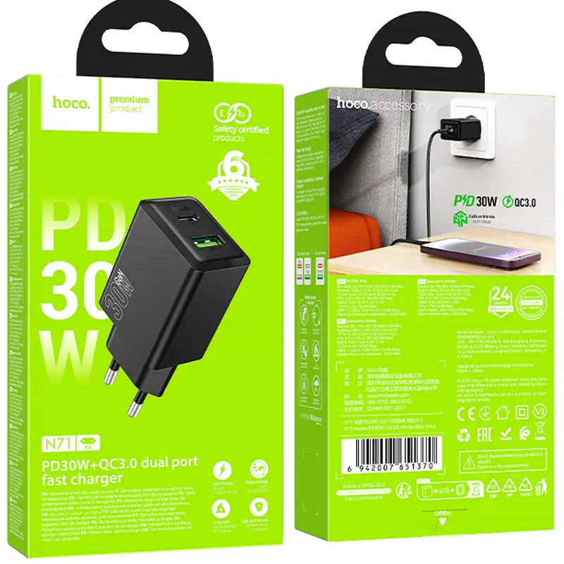 Ładowarka sieciowa Hoco N71 Nuevo PD30W+QC3.0 (1USB-A/1C), Black 4