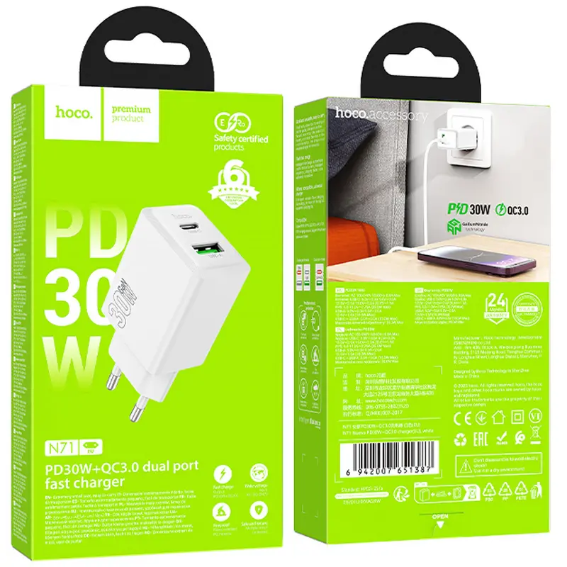 Ładowarka sieciowa Hoco N71 Nuevo PD30W+QC3.0 (1USB-A/1C), White 1