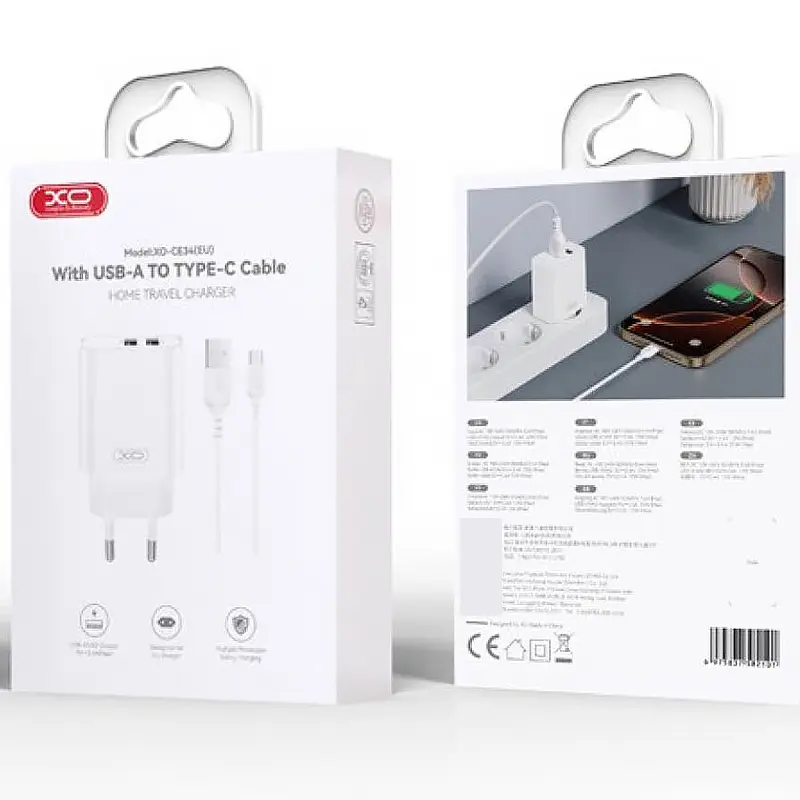 Ładowarka sieciowa XO CE34 2.4A (2USB-A) + cable USB-A to USB-C, White 1