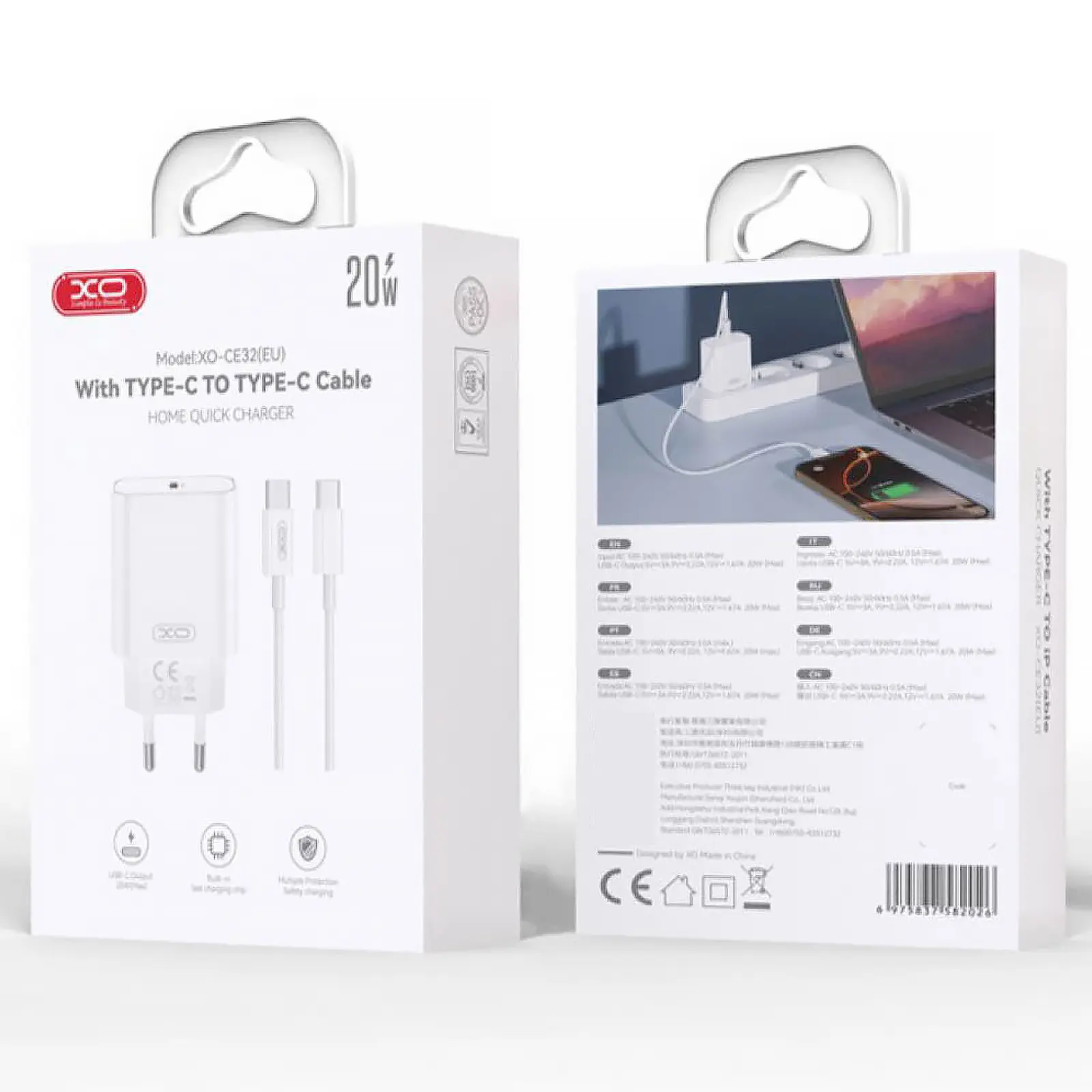 Ładowarka sieciowa XO CE32 PD20W (1USB-C) + cable USB-C to USB-C, White 2
