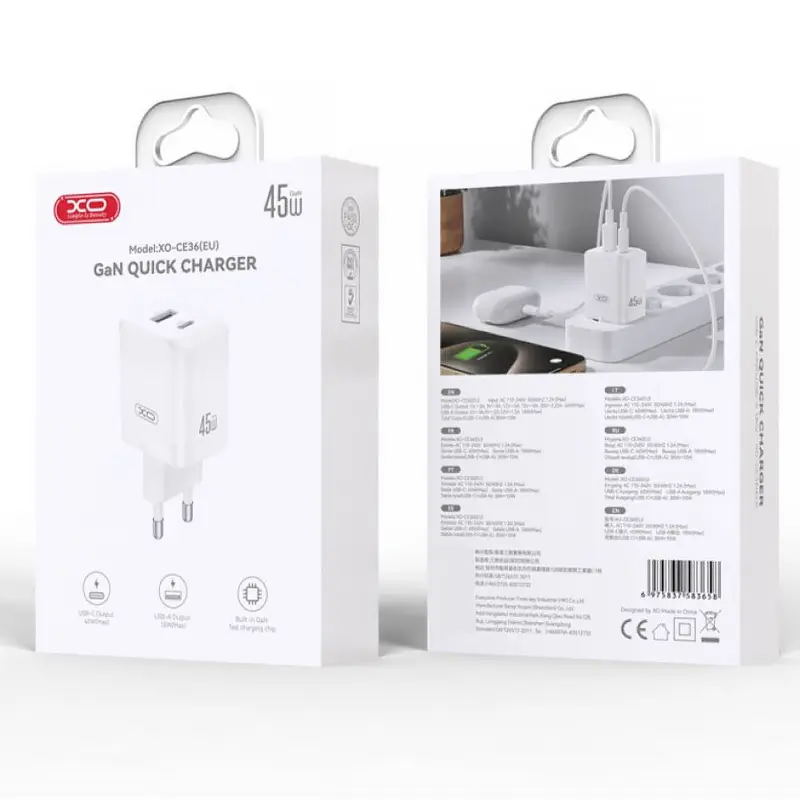 Ładowarka sieciowa XO CE36 PD45W+QC3.0 (1USB-A/1C), White 3