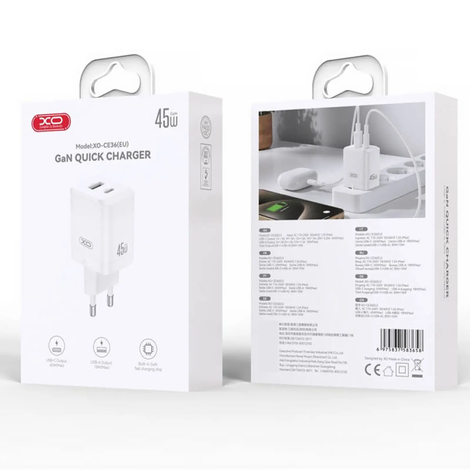 Ładowarka sieciowa XO CE36 PD45W+QC3.0 (1USB-A/1C), White 3