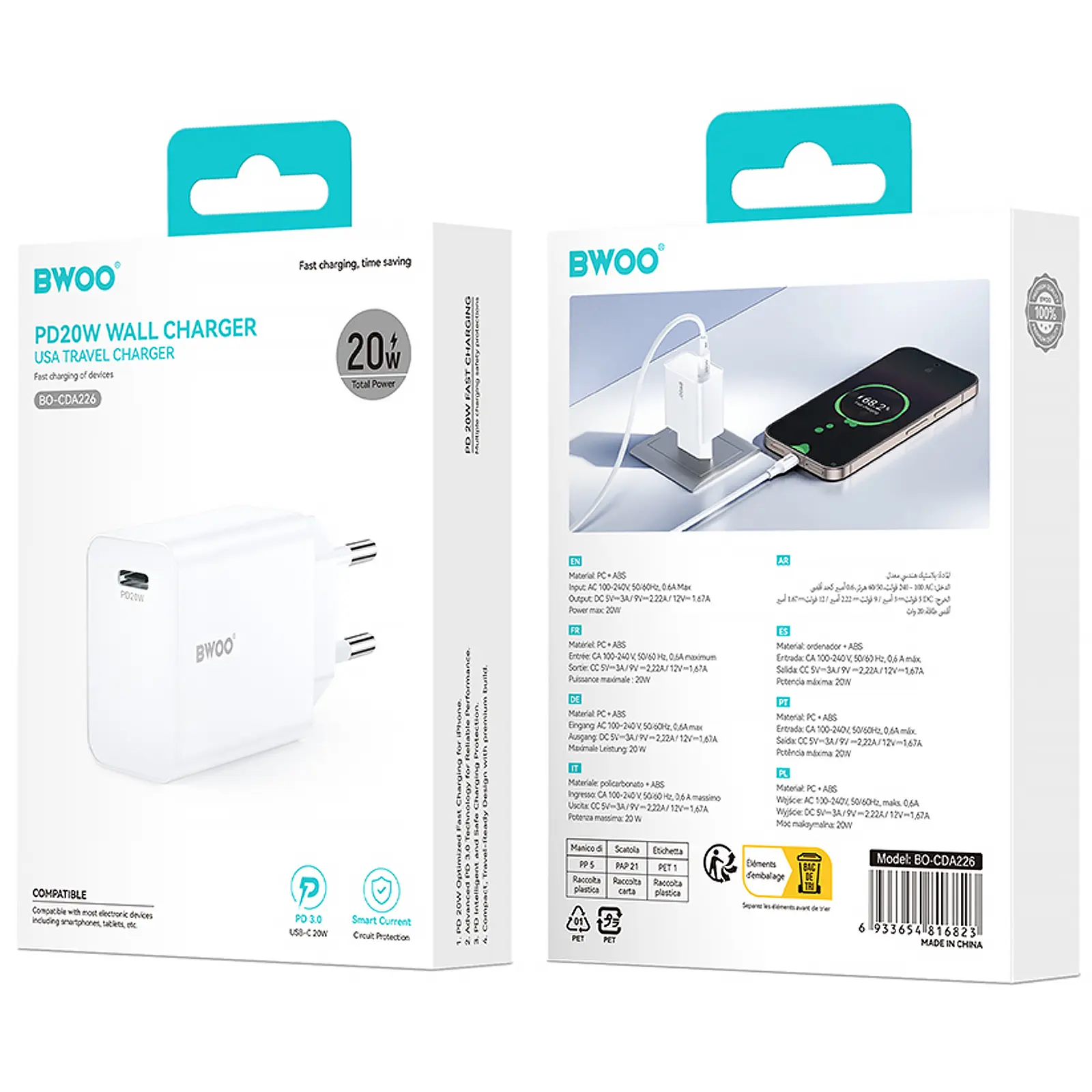 Ładowarka sieciowa BWOO CDA226 PD20W (1USB-C), White 3