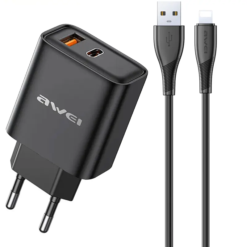 Ładowarka sieciowa Awei PD81 PD20W+QC3.0 (1USB-A/1C) + kabel USB to Lightning, Black