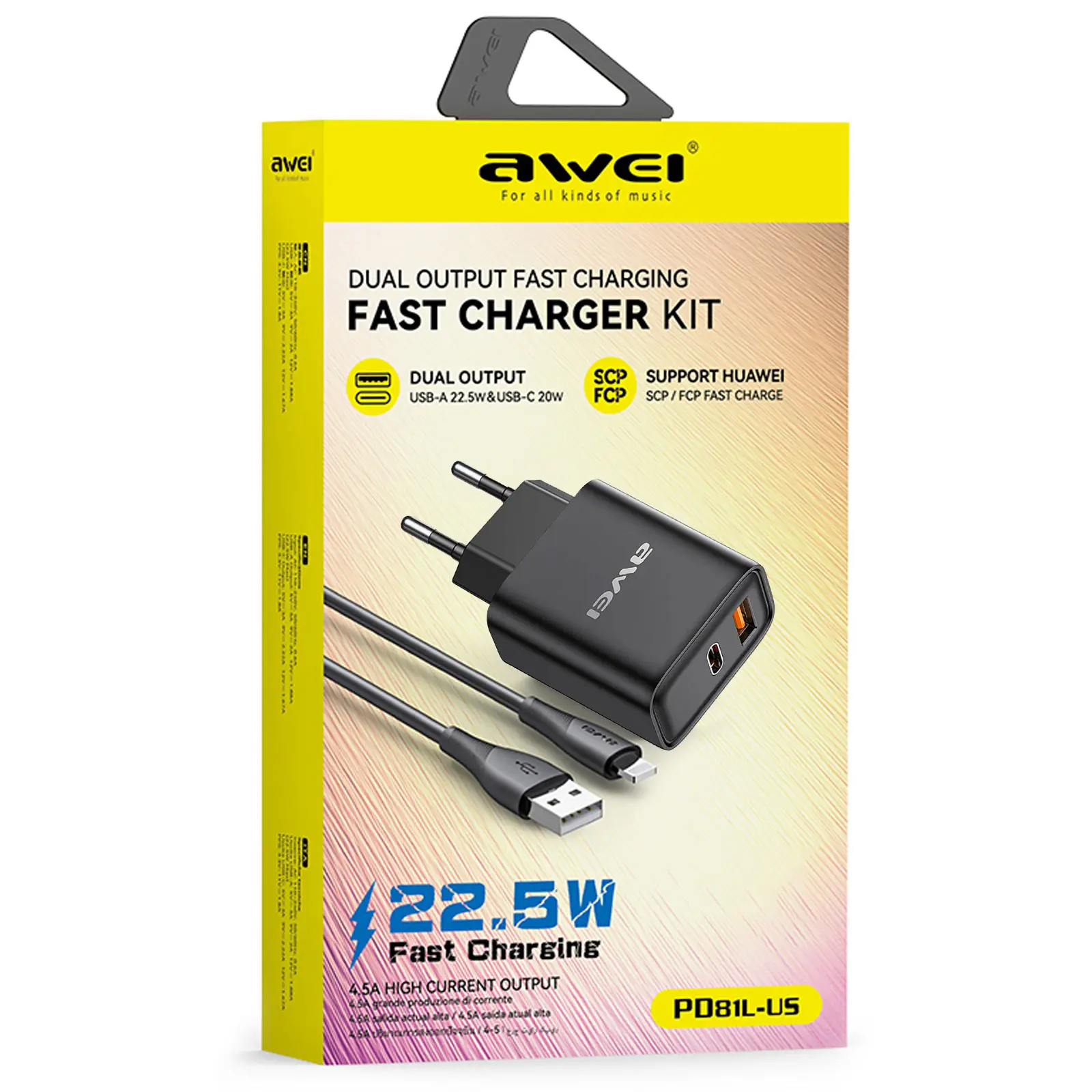 Ładowarka sieciowa Awei PD81 PD20W+QC3.0 (1USB-A/1C) + kabel USB to Lightning, Black 1