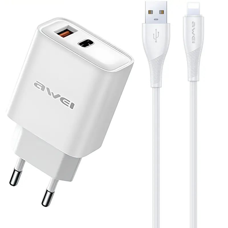 Ładowarka sieciowa Awei PD81 PD20W+QC3.0 (1USB-A/1C) + kabel USB to Lightning, White