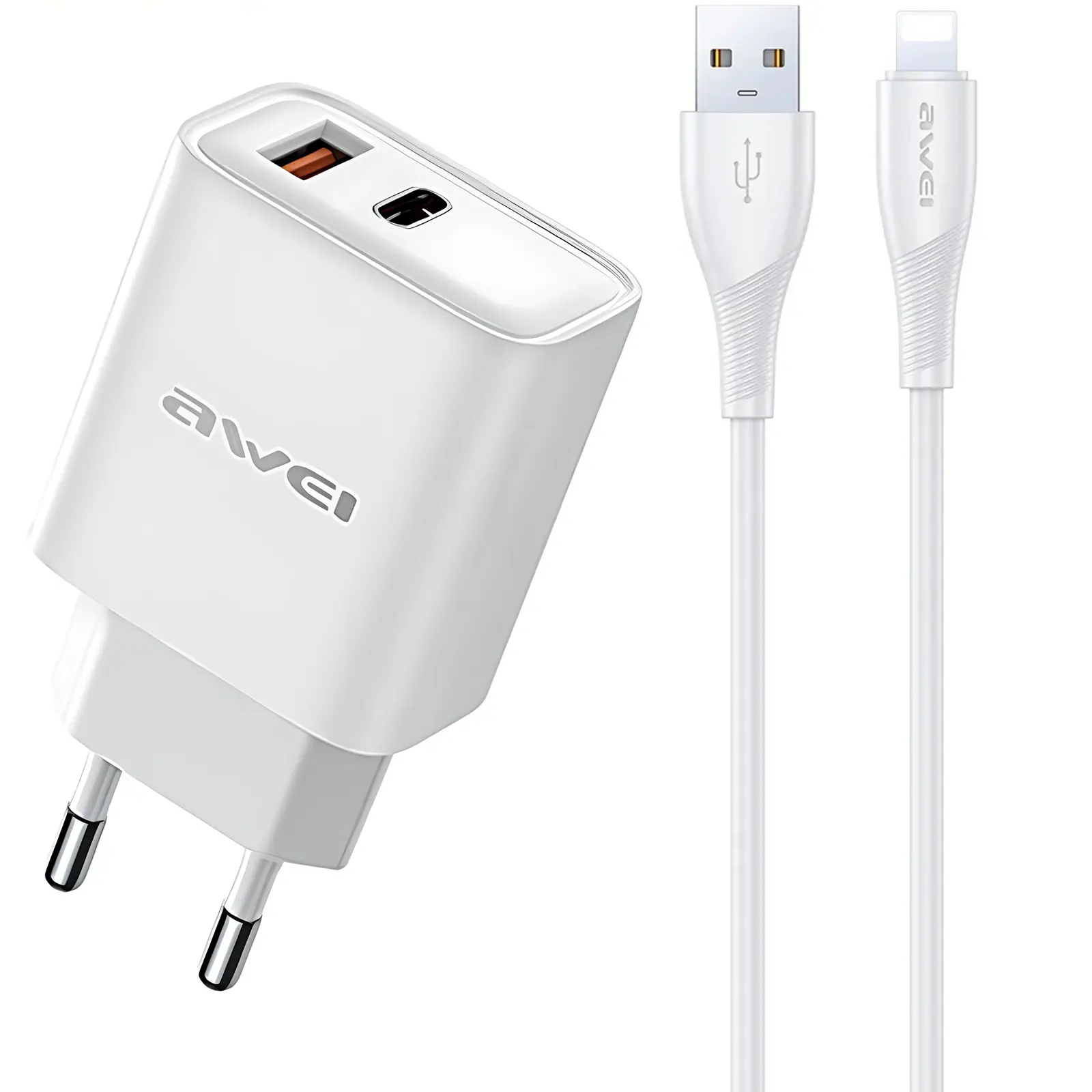 Ładowarka sieciowa Awei PD81 PD20W+QC3.0 (1USB-A/1C) + kabel USB to Lightning, White