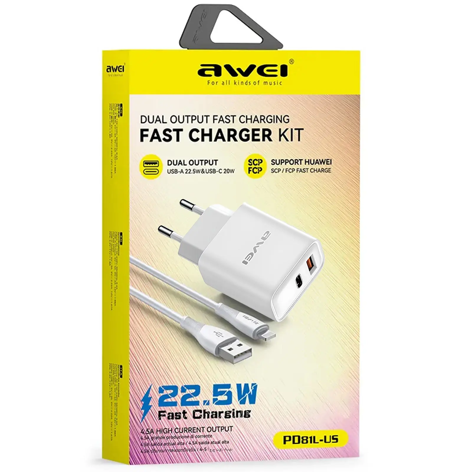 Ładowarka sieciowa Awei PD81 PD20W+QC3.0 (1USB-A/1C) + kabel USB to Lightning, White 1