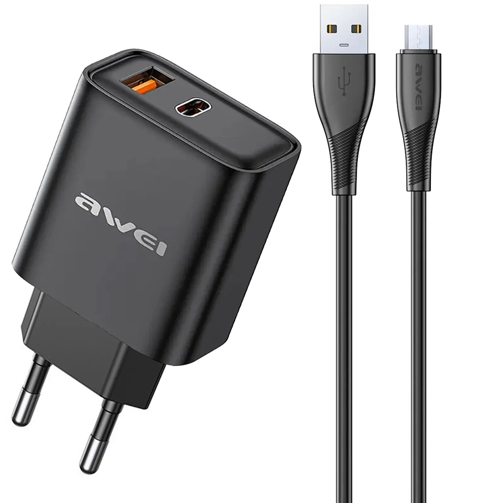 Ładowarka sieciowa Awei PD81 PD20W+QC3.0 (1USB-A/1C) + kabel USB to MicroUSB, Black