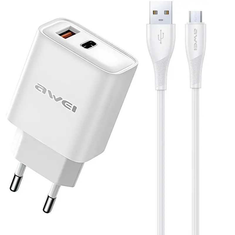 Ładowarka sieciowa Awei PD81 PD20W+QC3.0 (1USB-A/1C) + kabel USB to MicroUSB, White