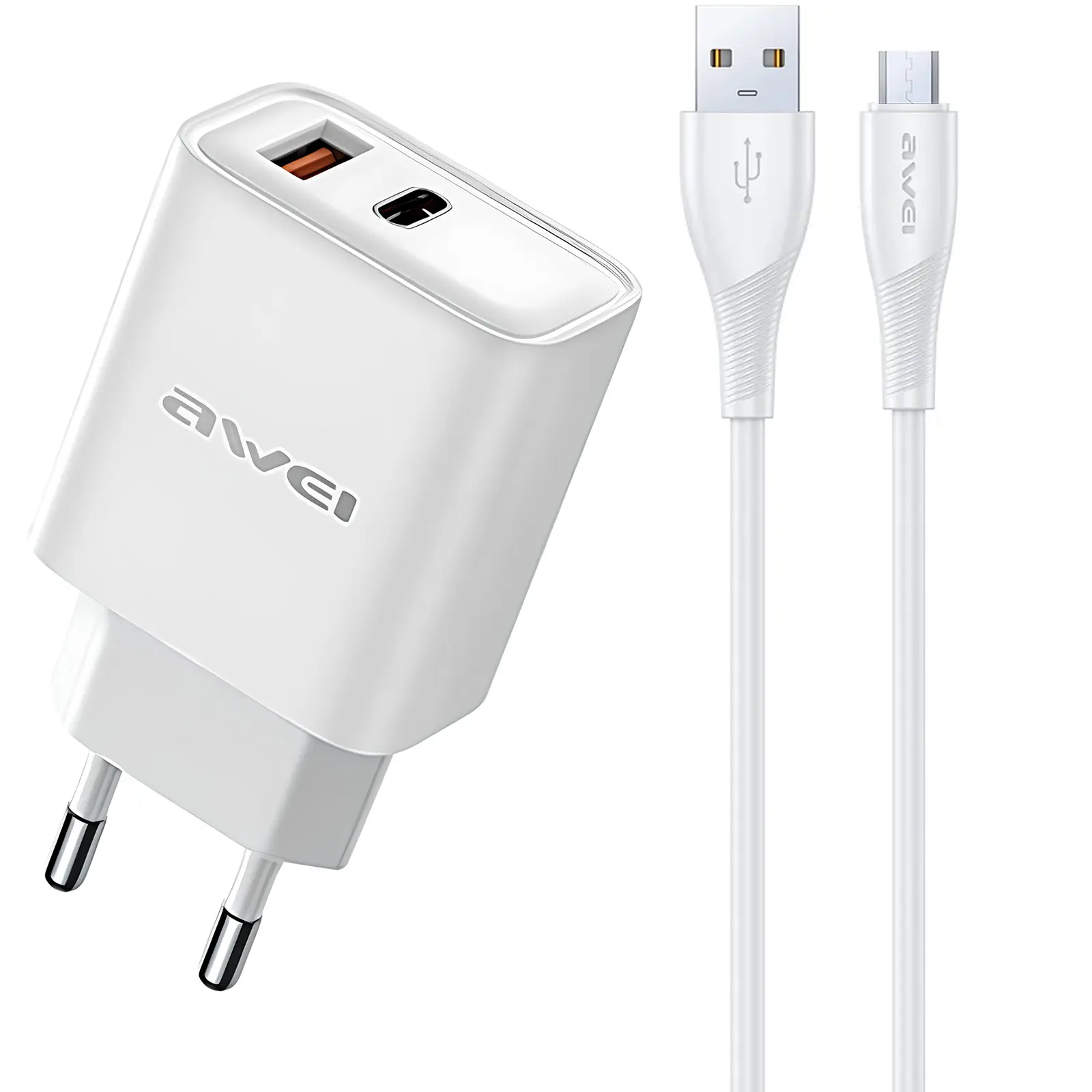 Ładowarka sieciowa Awei PD81 PD20W+QC3.0 (1USB-A/1C) + kabel USB to MicroUSB, White