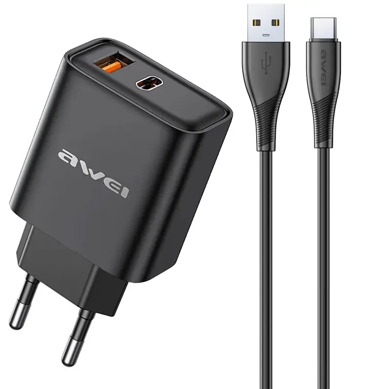 Сharger Awei PD81 PD20W+QC3.0 (1USB-A/1C) + cable USB to Type-C, Black
