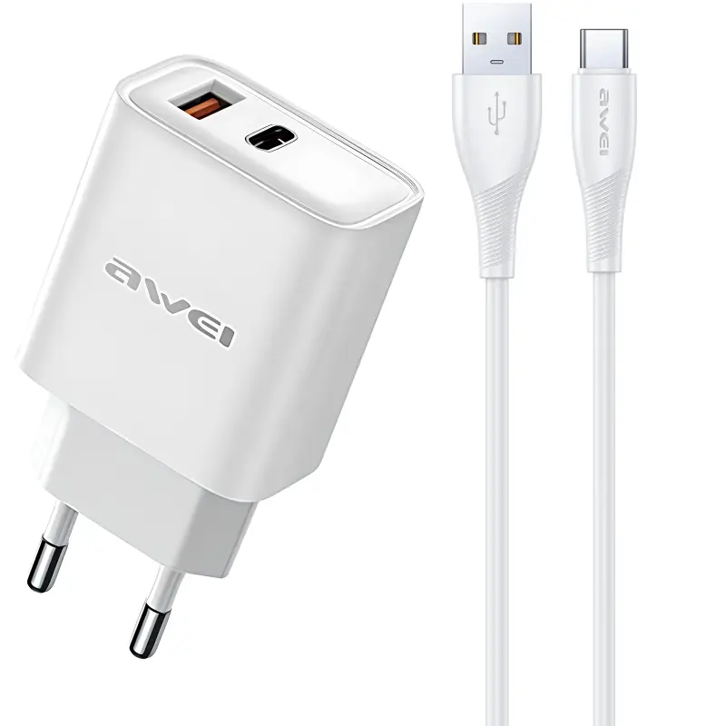 Сharger Awei PD81 PD20W+QC3.0 (1USB-A/1C) + cable USB to Type-C, White