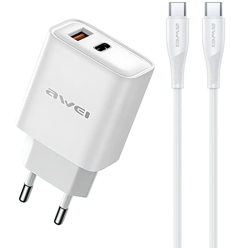 Ładowarka sieciowa Awei PD81 PD20W+QC3.0 (1USB-A/1C) + kabel Type-C to Type-C, White