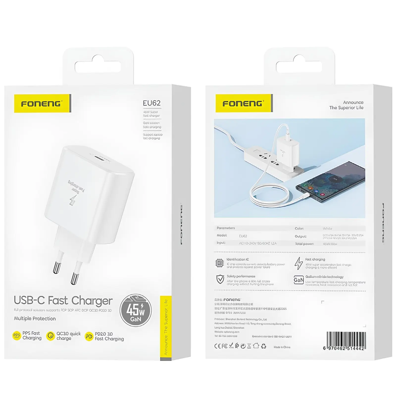 Ładowarka sieciowa Foneng EU62 GaN PD45W (1USB-C), White 2